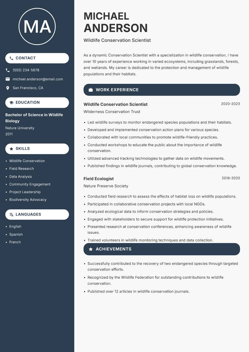 Conservation Scientist Resume Preview Example