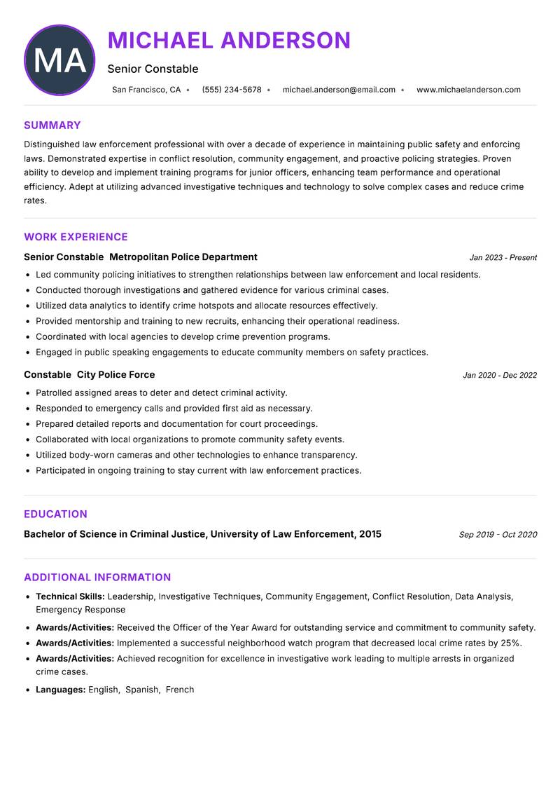 Constable Resume Preview Example