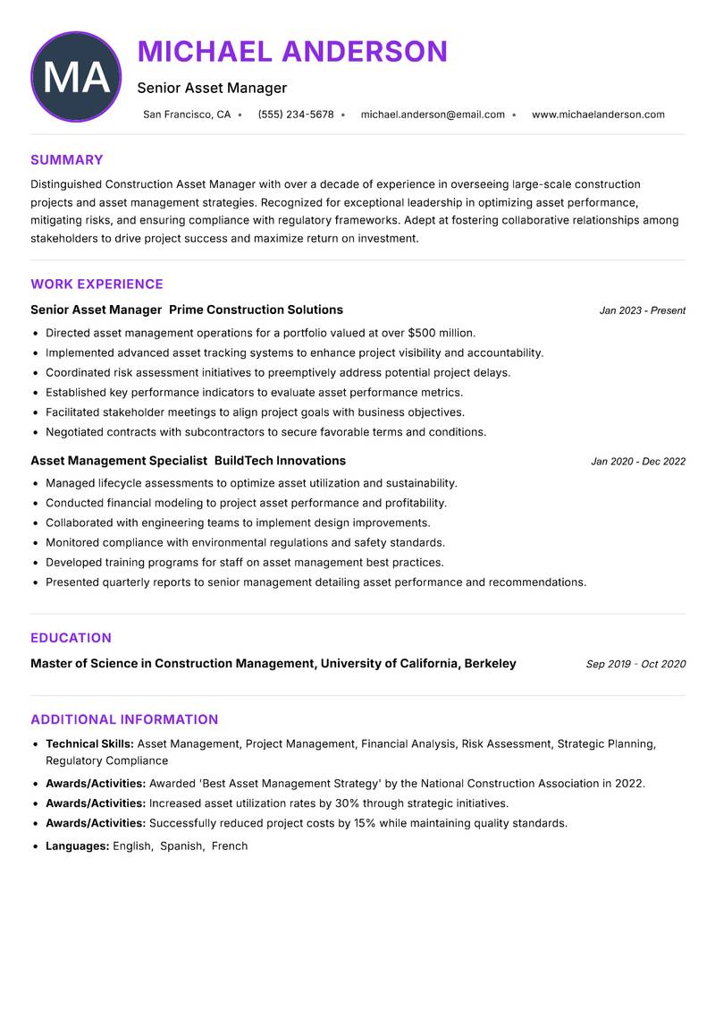 Construction Asset Manager Resume Preview Example