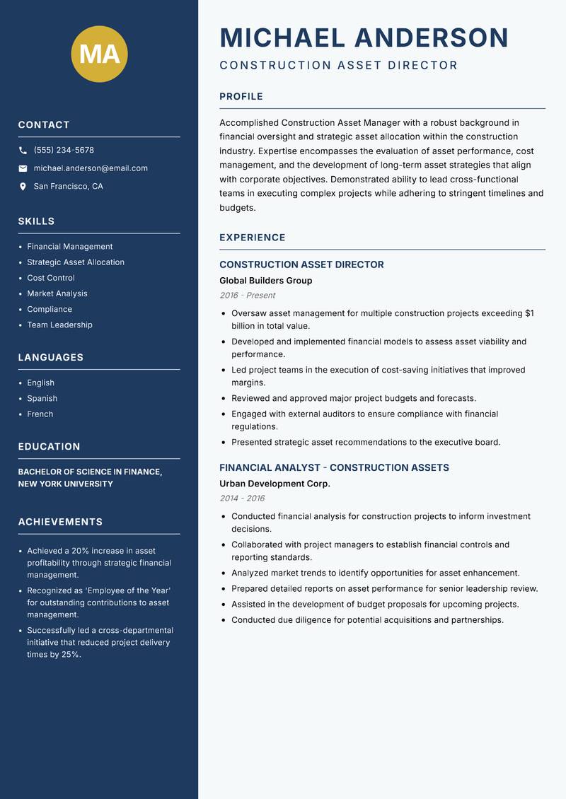 Construction Asset Manager Resume Preview Example
