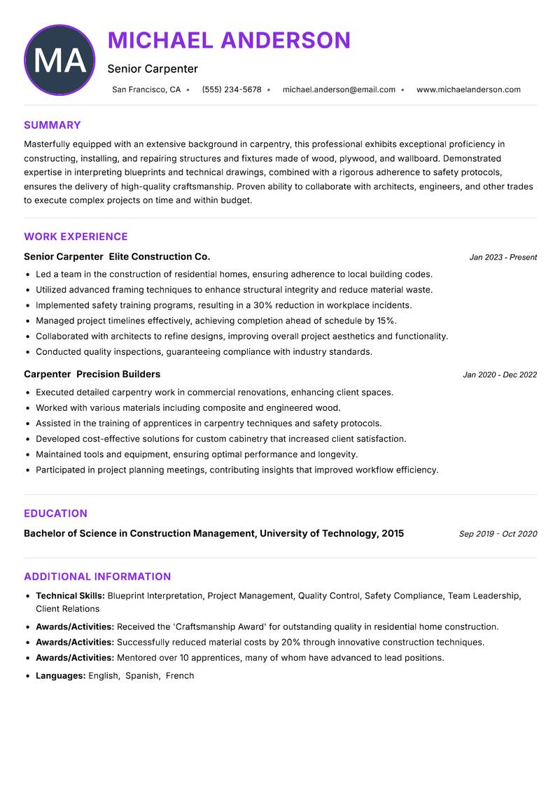 Construction Carpenter Resume Preview Example