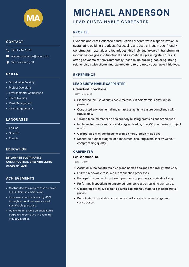 Construction Carpenter Resume Preview Example