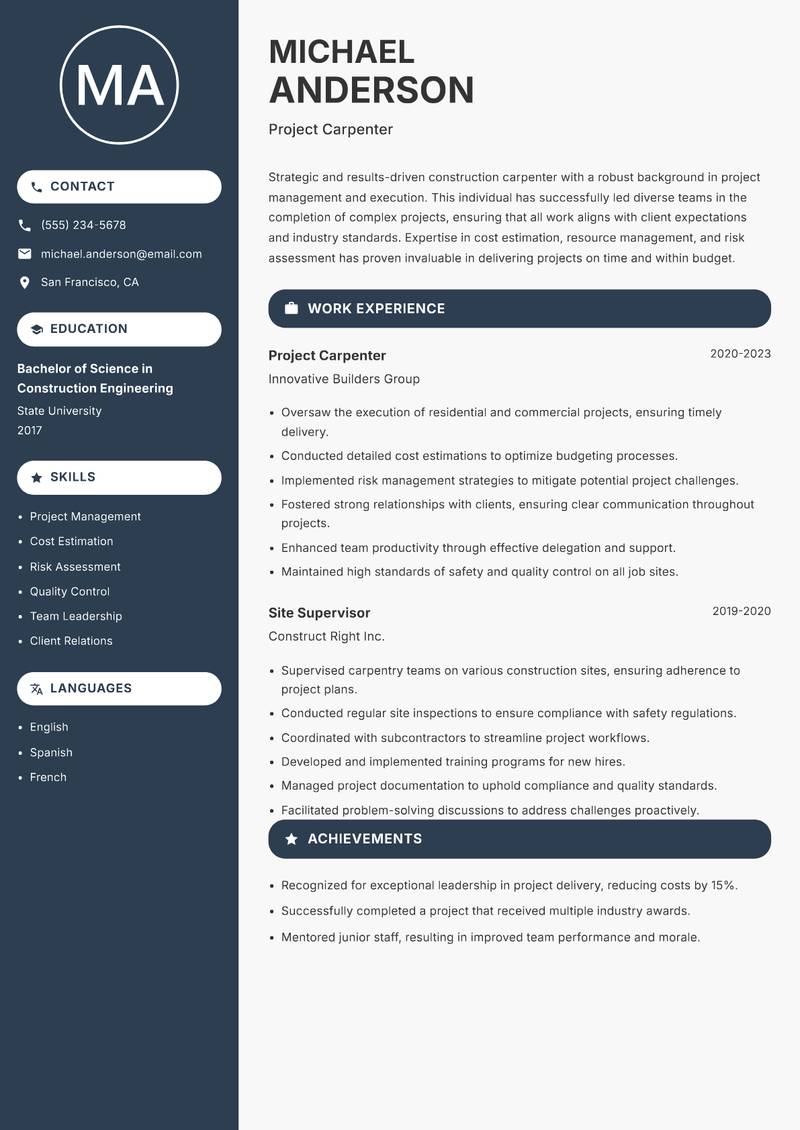 Construction Carpenter Resume Preview Example
