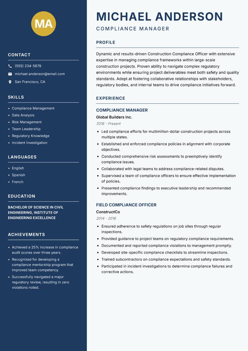 Construction Compliance Officer Resume Preview Example