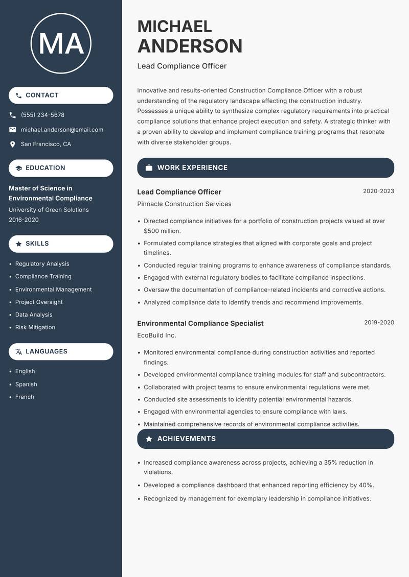 Construction Compliance Officer Resume Preview Example