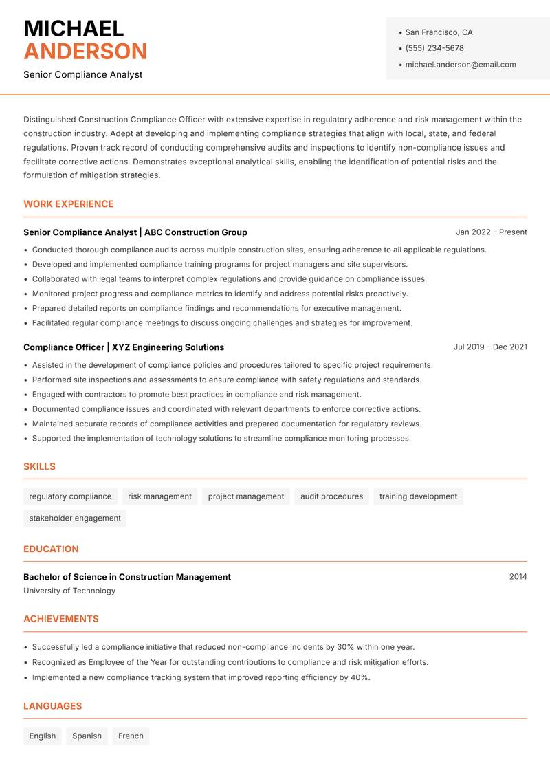 Construction Compliance Officer Resume Template