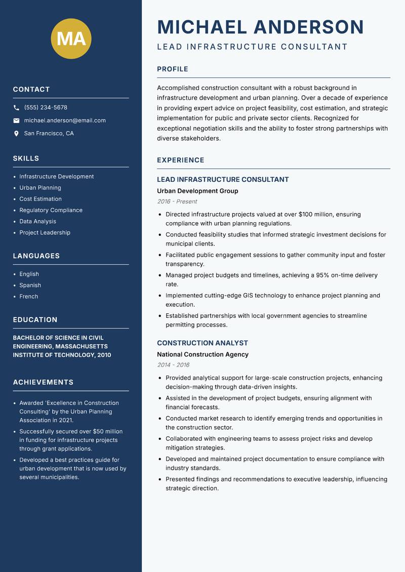 Construction Consultant Resume Preview Example