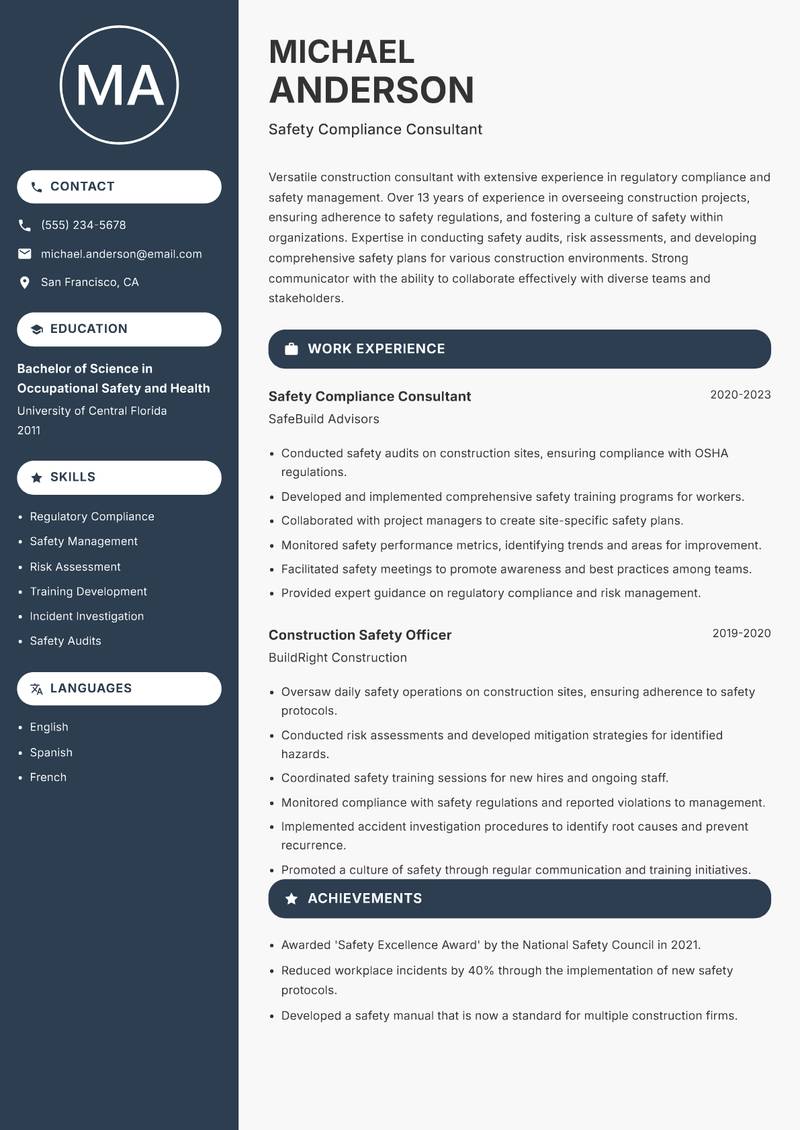 Construction Consultant Resume Preview Example