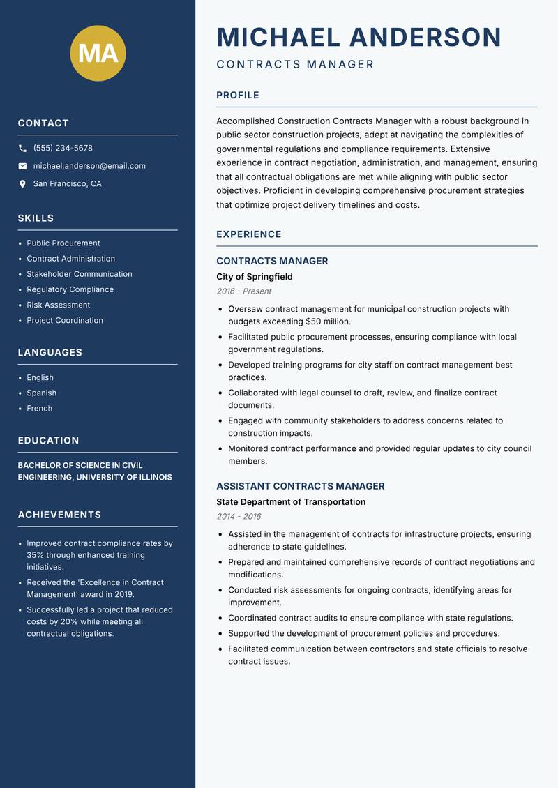 Construction Contracts Manager Resume Preview Example