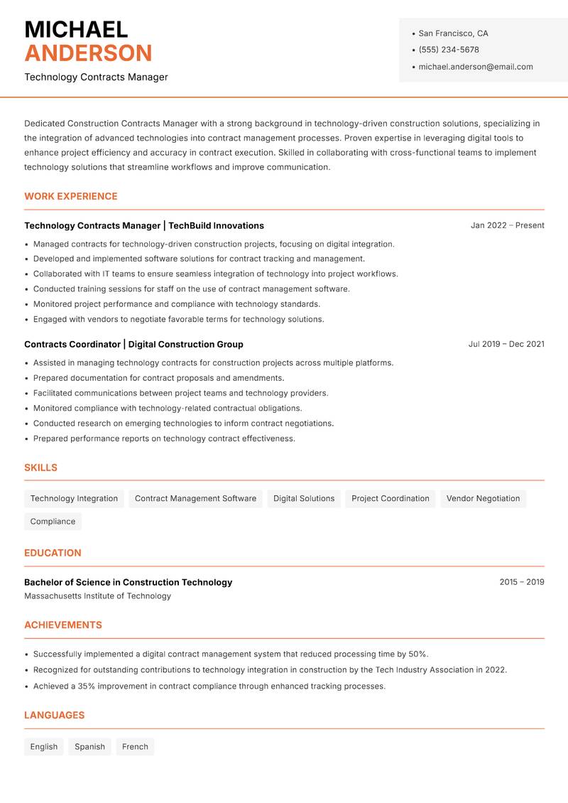 Construction Contracts Manager Resume Template
