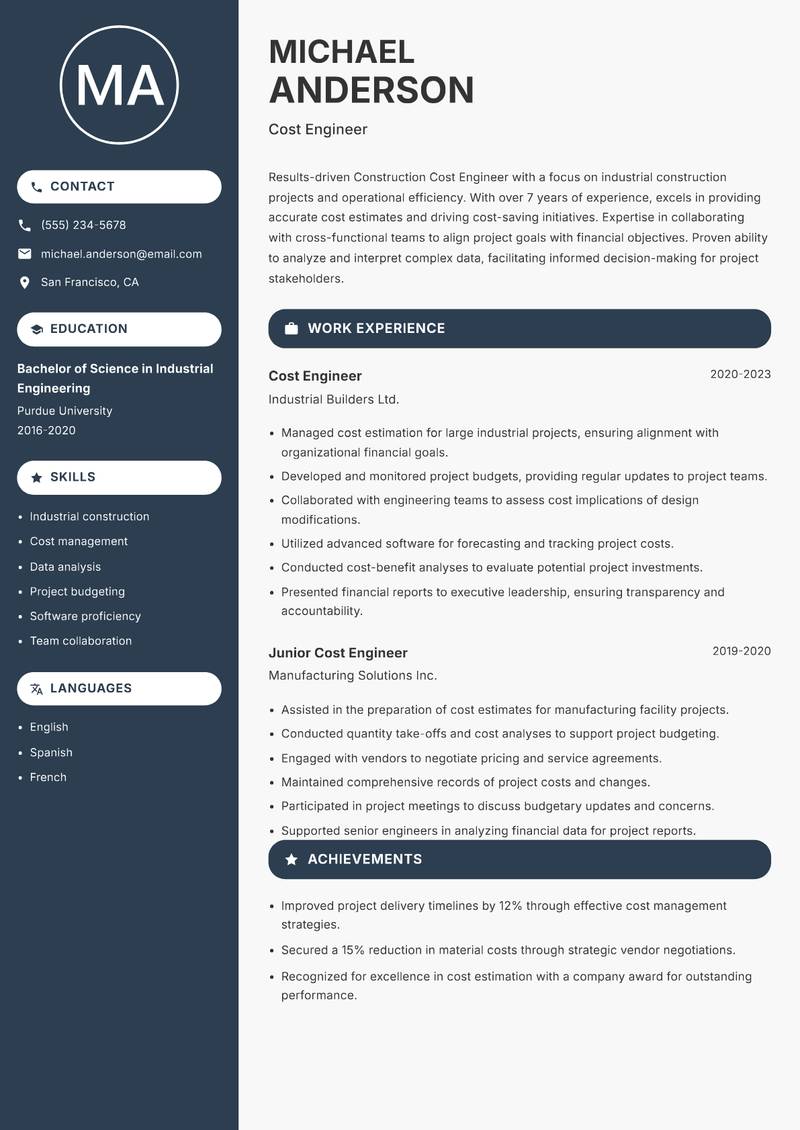 Construction Cost Engineer Resume Preview Example