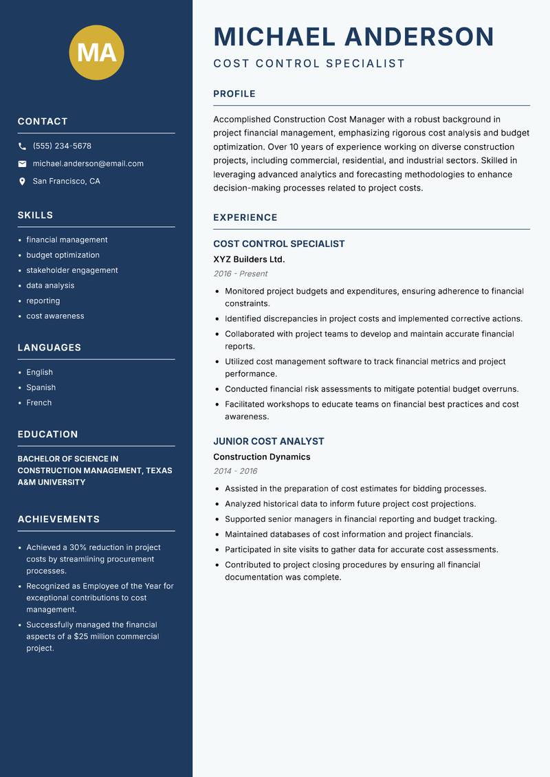 Construction Cost Manager Resume Preview Example