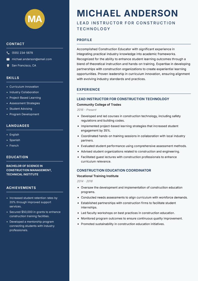 Construction Educator Resume Preview Example