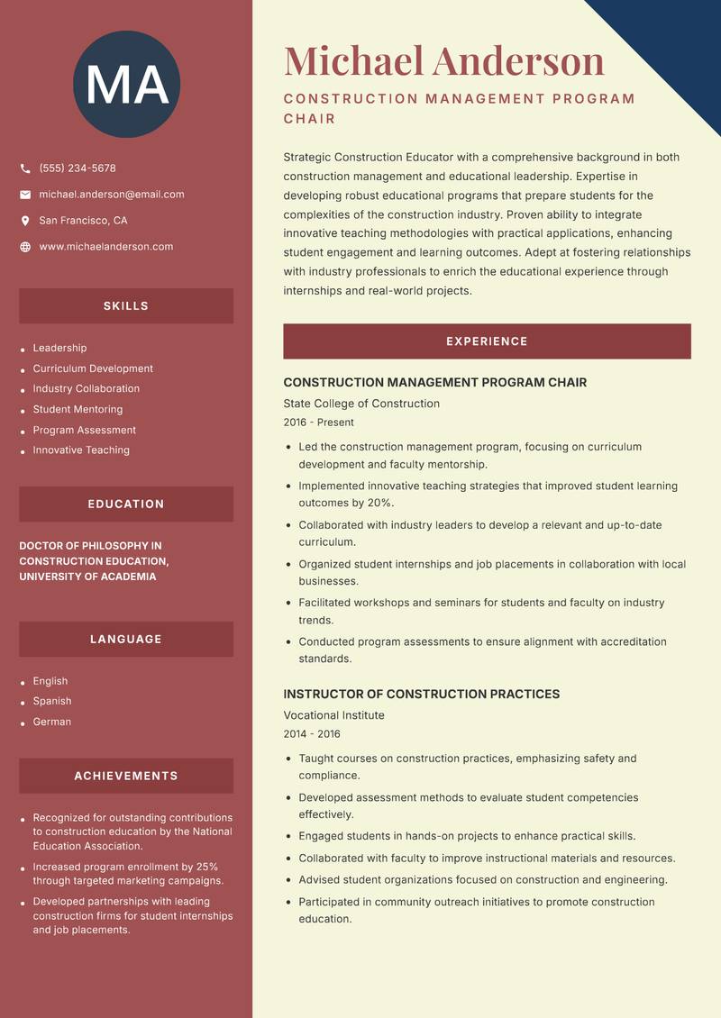 Construction Educator Resume Preview Example