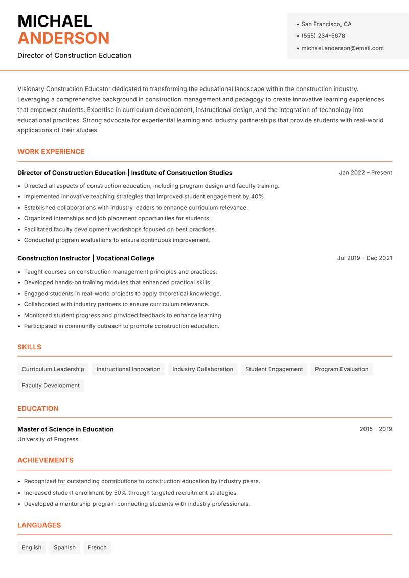 Construction Educator Resume Template