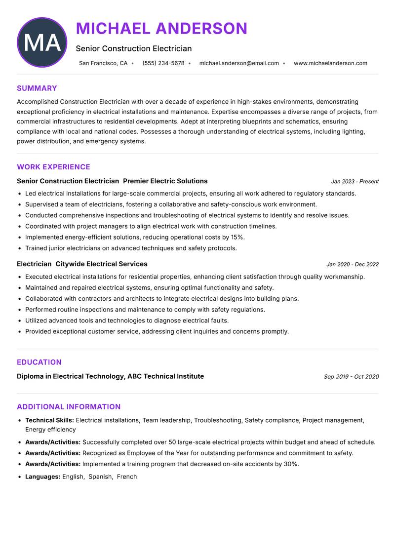 Construction Electrician Resume Preview Example