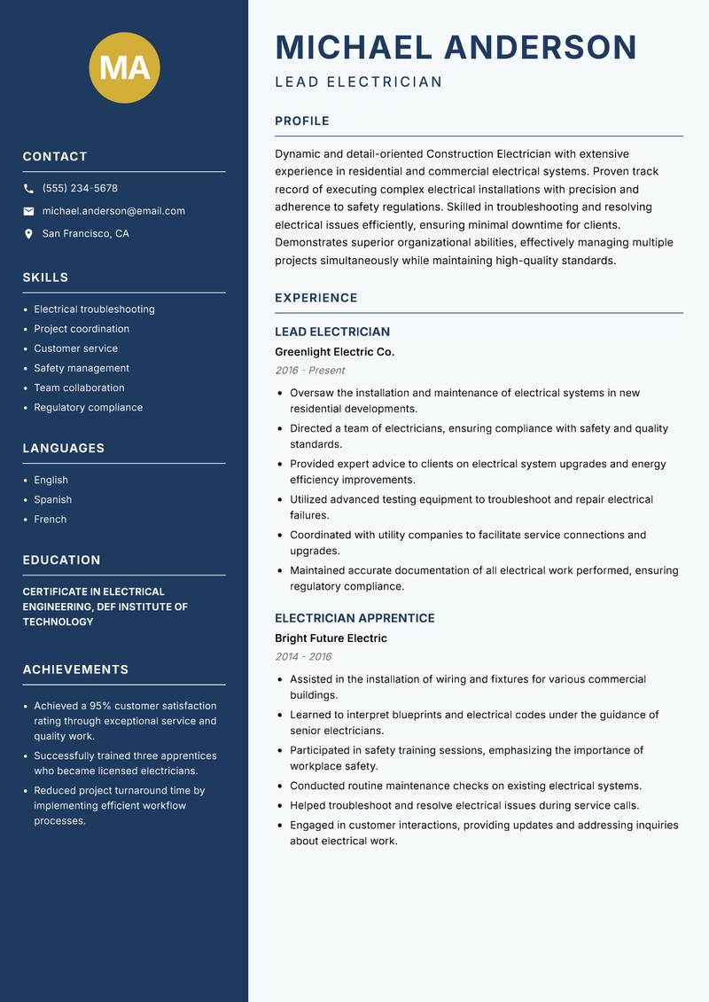 Construction Electrician Resume Preview Example