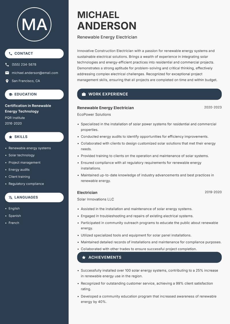 Construction Electrician Resume Preview Example