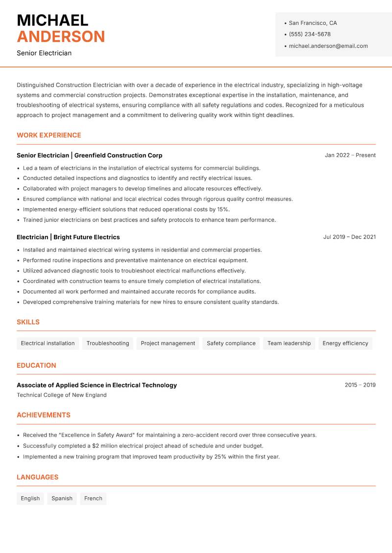 Construction Electrician Resume Template
