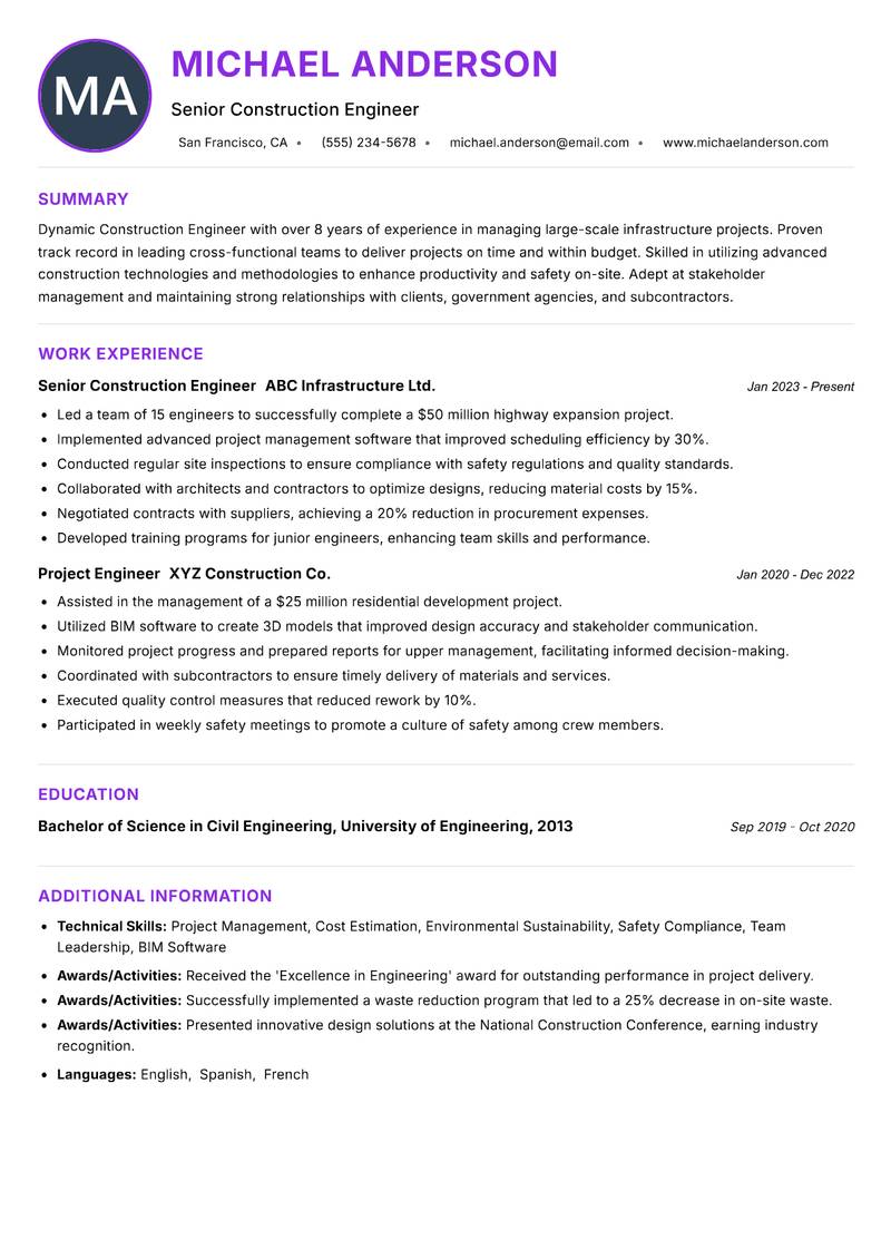 Construction Engineer Resume Preview Example