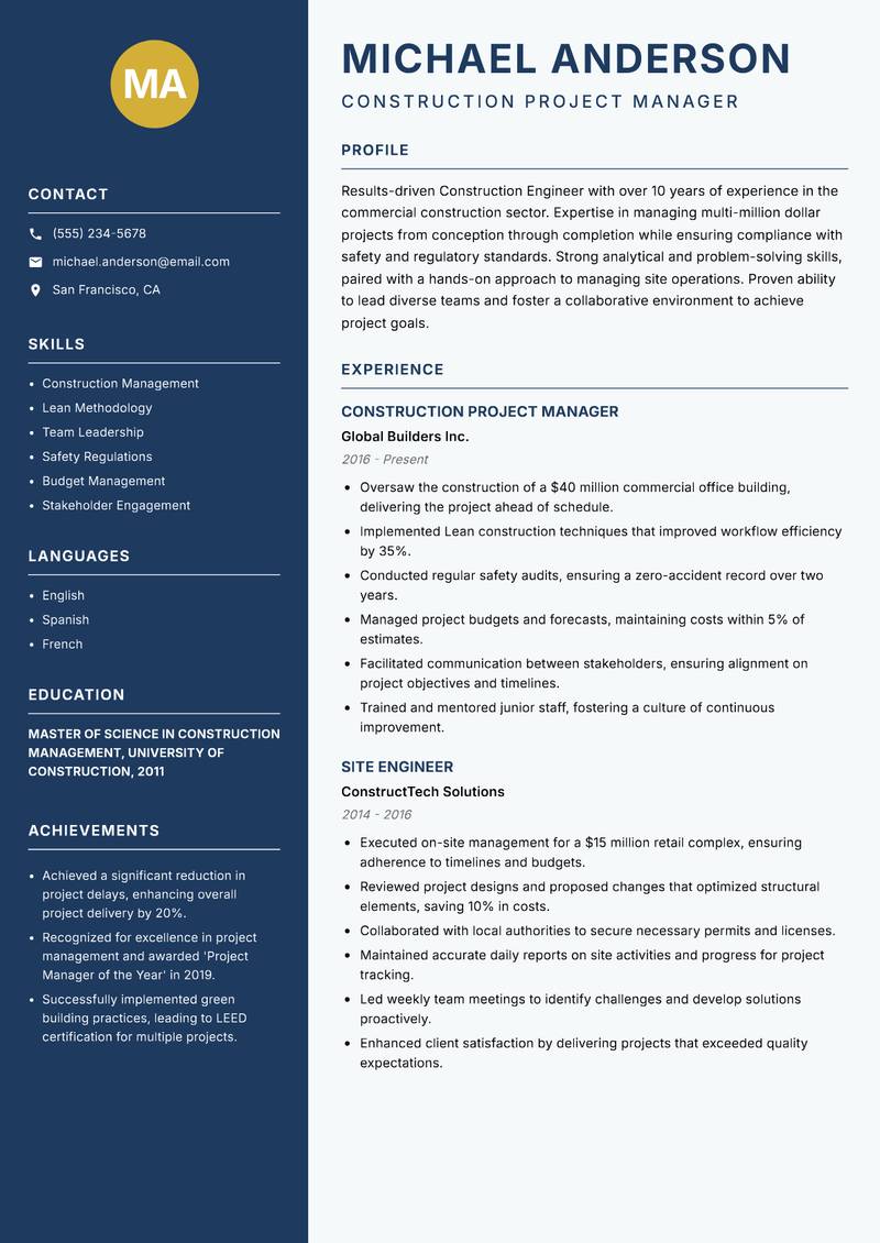 Construction Engineer Resume Preview Example