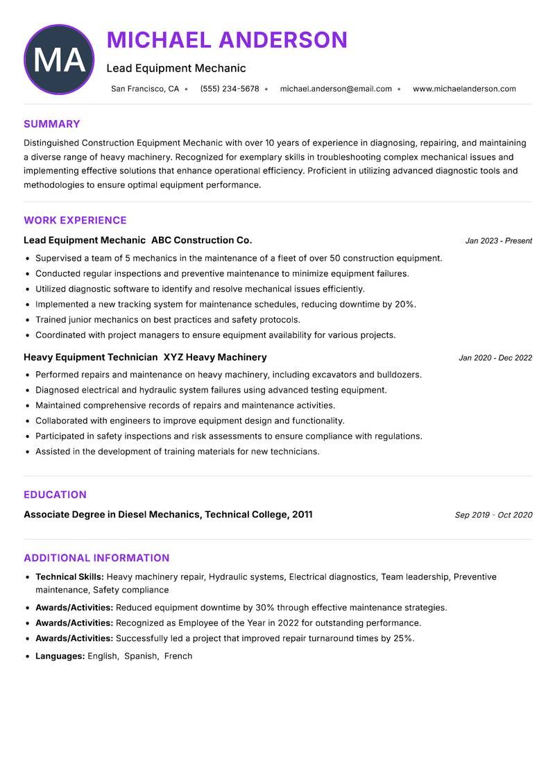 Construction Equipment Mechanic Resume Preview Example