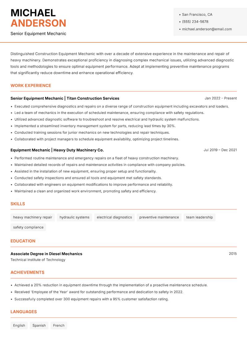 Construction Equipment Mechanic Resume Template