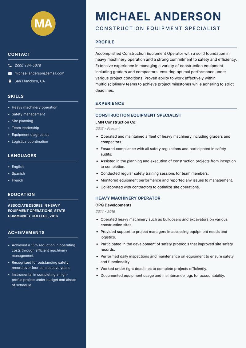 Construction Equipment Operator Resume Preview Example