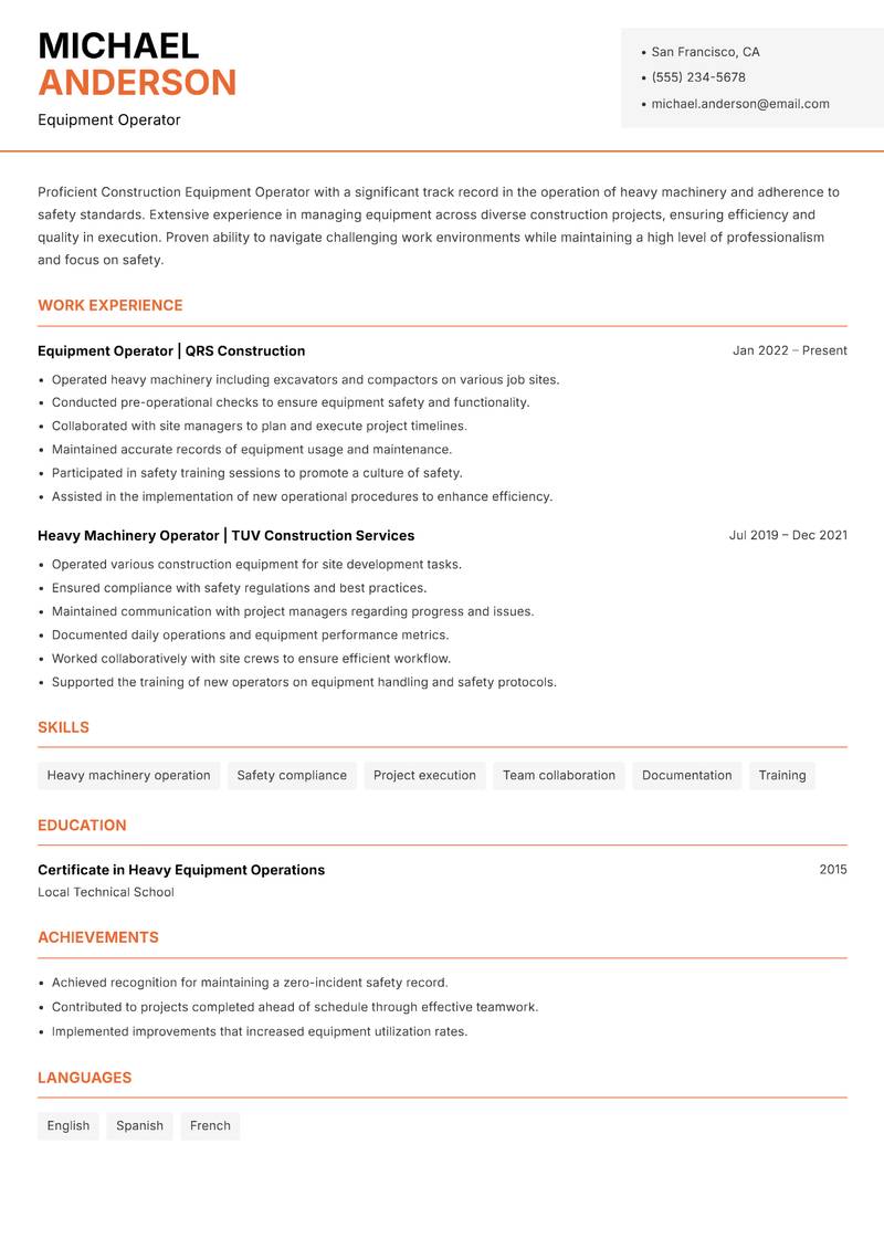 Construction Equipment Operator Resume Template