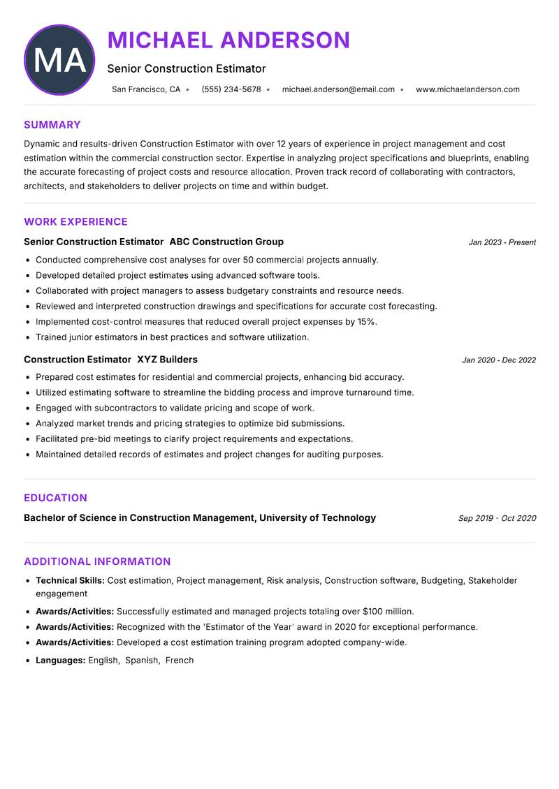 Construction Estimator Resume Preview Example
