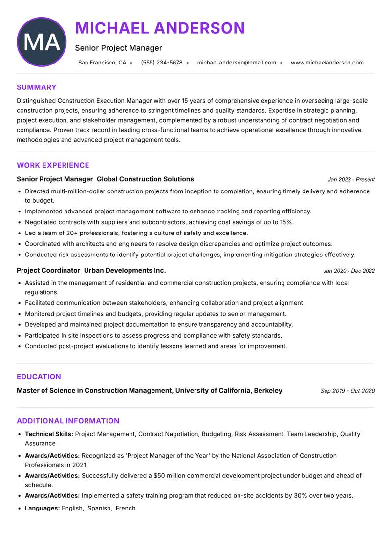 Construction Execution Manager Resume Preview Example