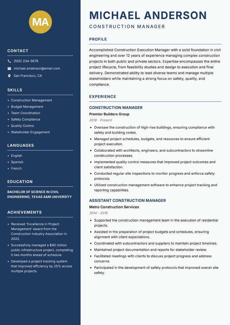 Construction Execution Manager Resume Preview Example