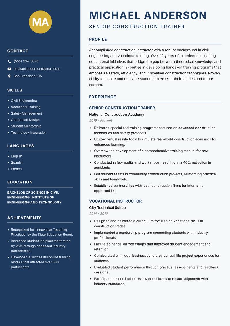 Construction Instructor Resume Preview Example