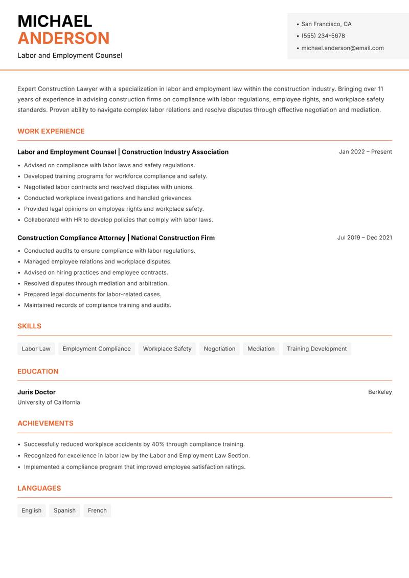Construction Lawyer Resume Template