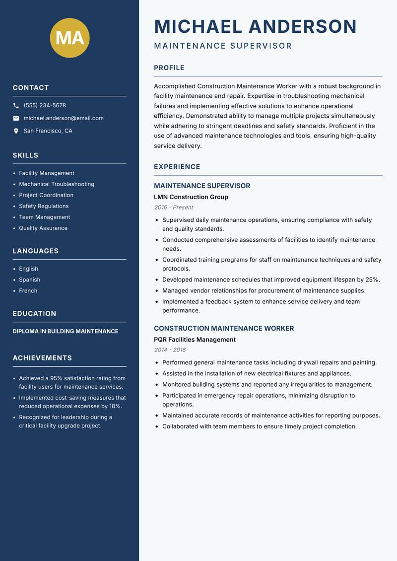 Construction Maintenance Worker Resume Preview Example
