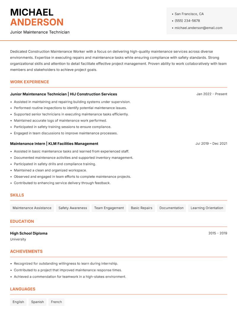 Construction Maintenance Worker Resume Template