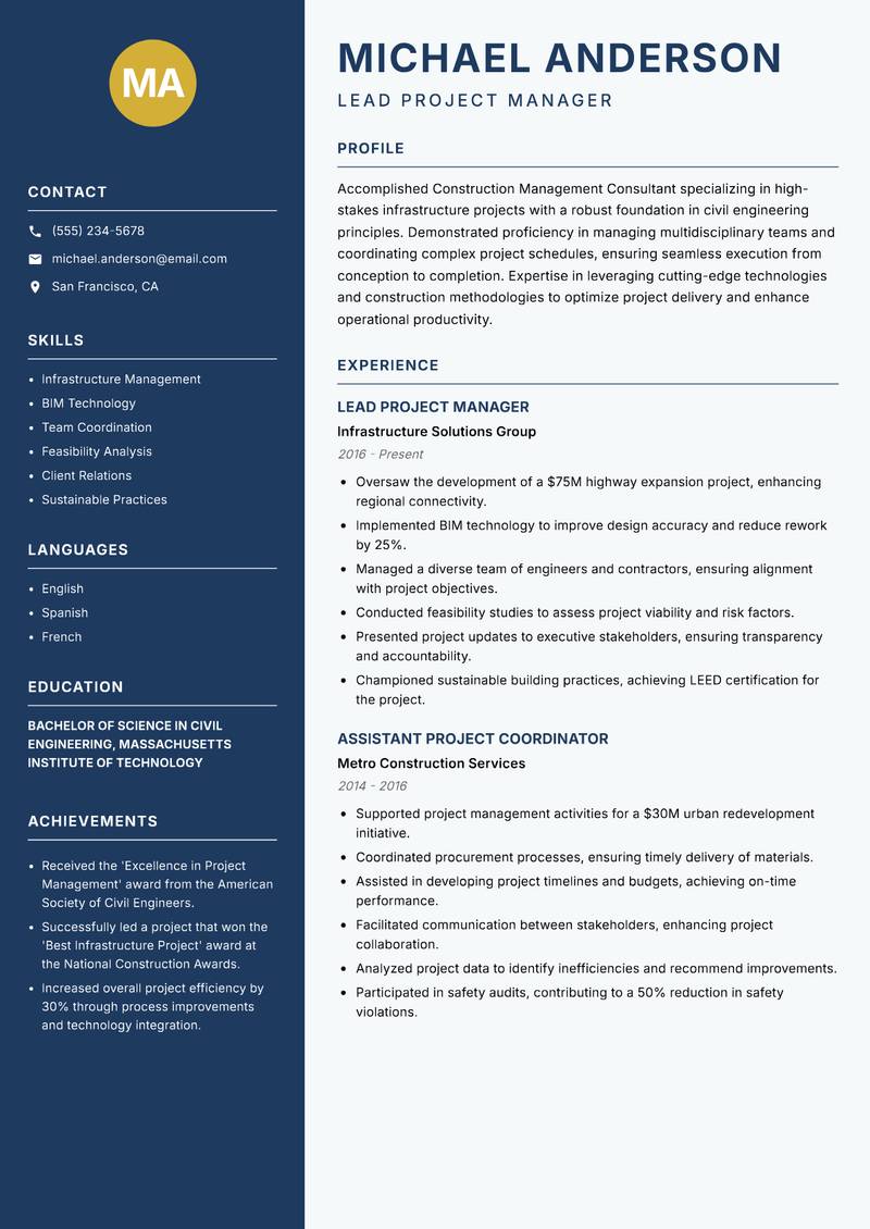 Construction Management Consultant Resume Preview Example