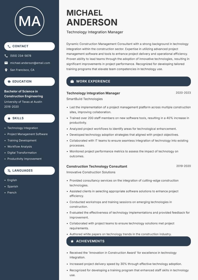 Construction Management Consultant Resume Preview Example