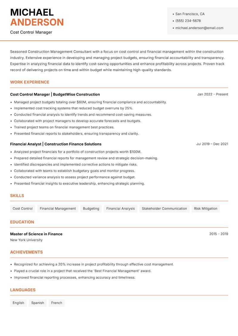 Construction Management Consultant Resume Template
