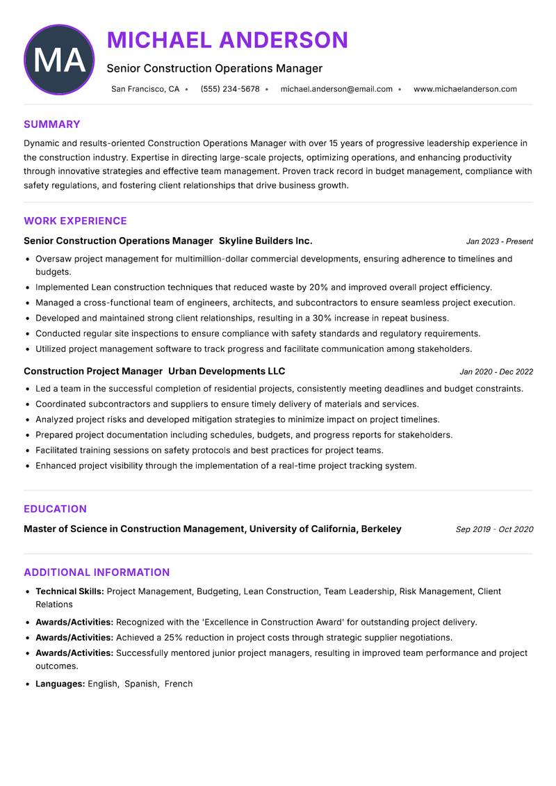 Construction Operations Manager Resume Preview Example