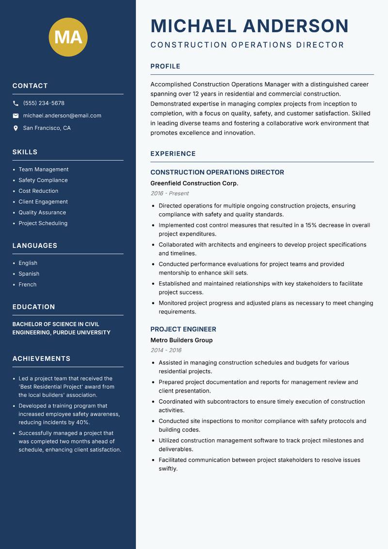 Construction Operations Manager Resume Preview Example