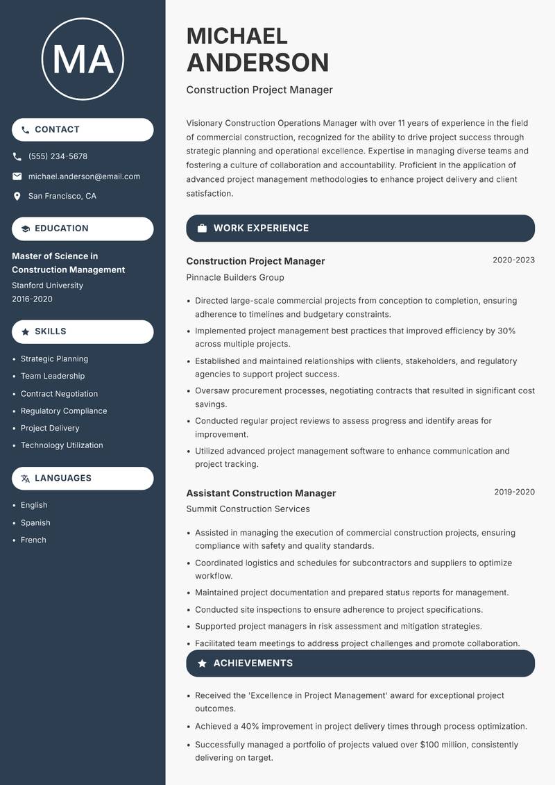Construction Operations Manager Resume Preview Example