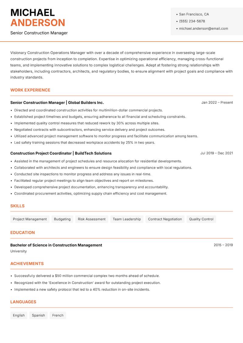 Construction Operations Manager Resume Template