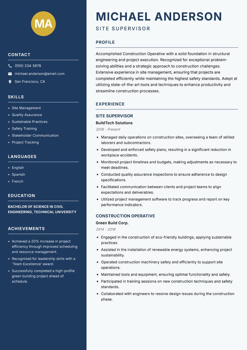 Construction Operative Resume Preview Example