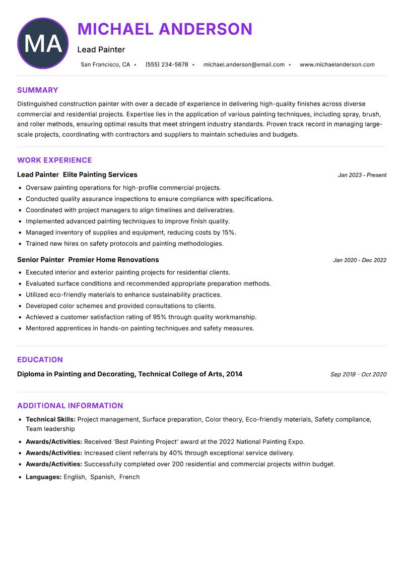 Construction Painter Resume Preview Example