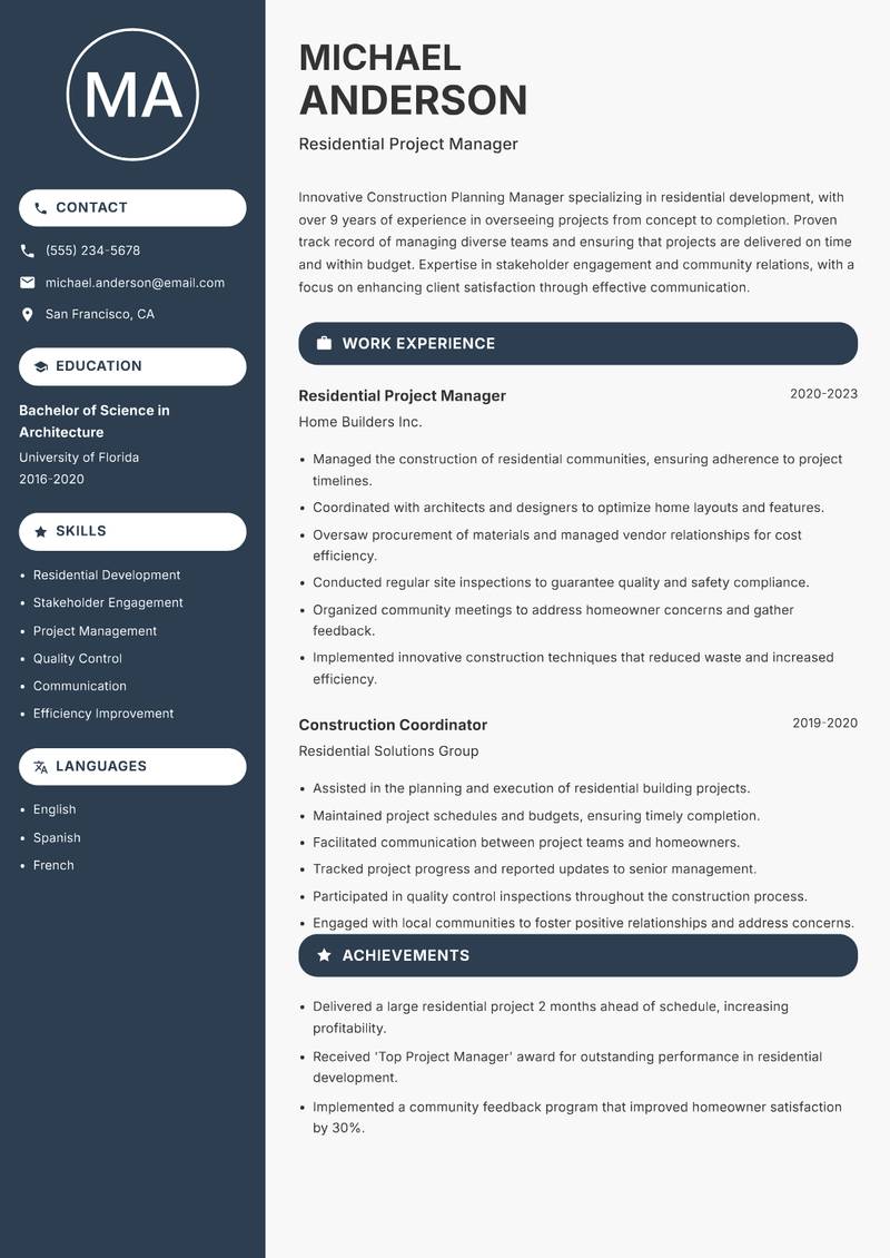 Construction Planning Manager Resume Preview Example