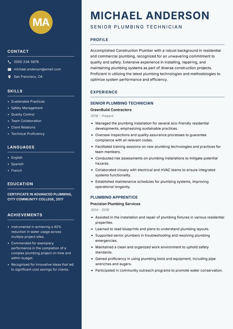 Construction Plumber Resume Preview Example
