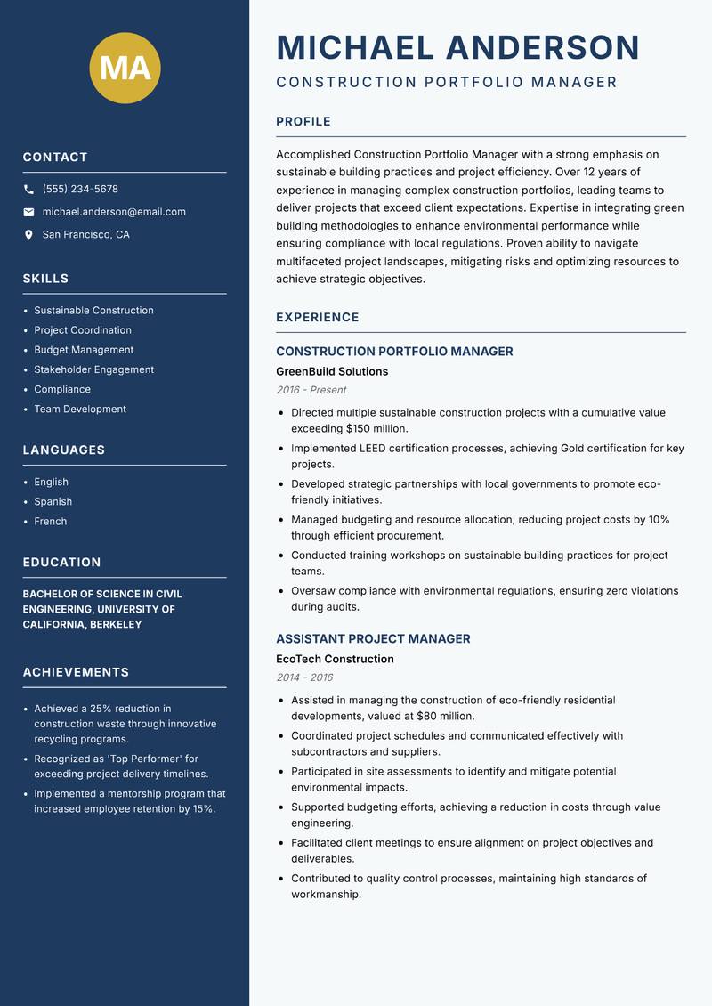 Construction Portfolio Manager Resume Preview Example