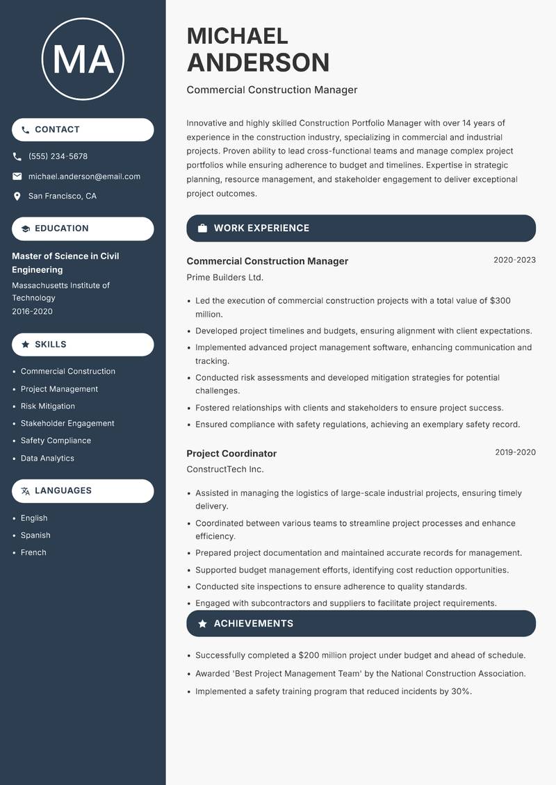 Construction Portfolio Manager Resume Preview Example