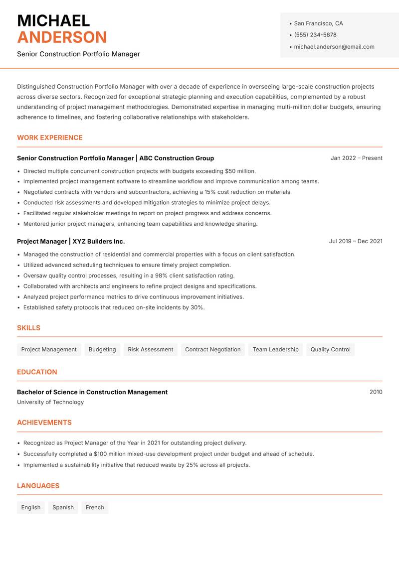 Construction Portfolio Manager Resume Template
